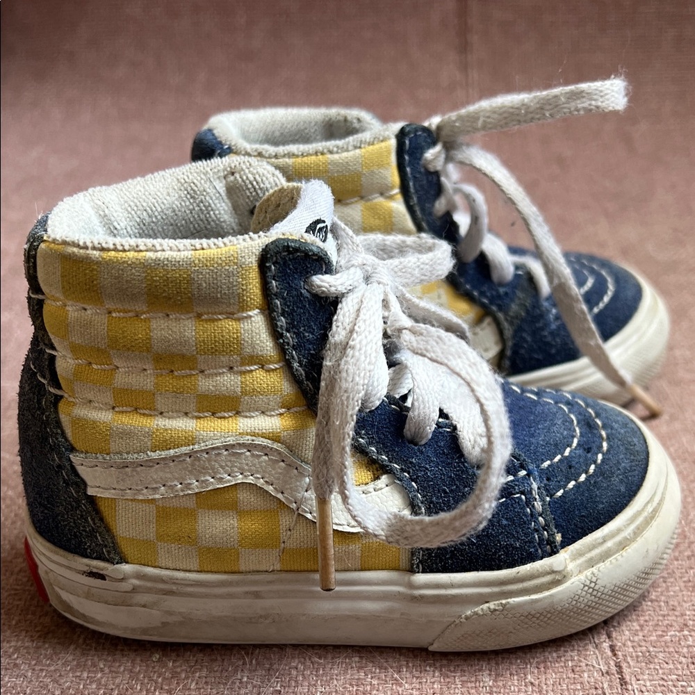 Vans Kids Navy and White (with yellow checkered accents$ High-Top Sneakers